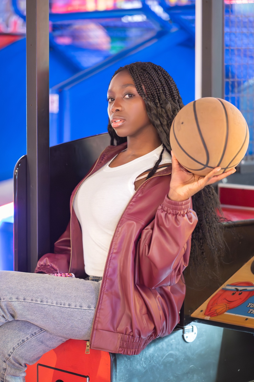 Burgundy leather, arcade with basketball