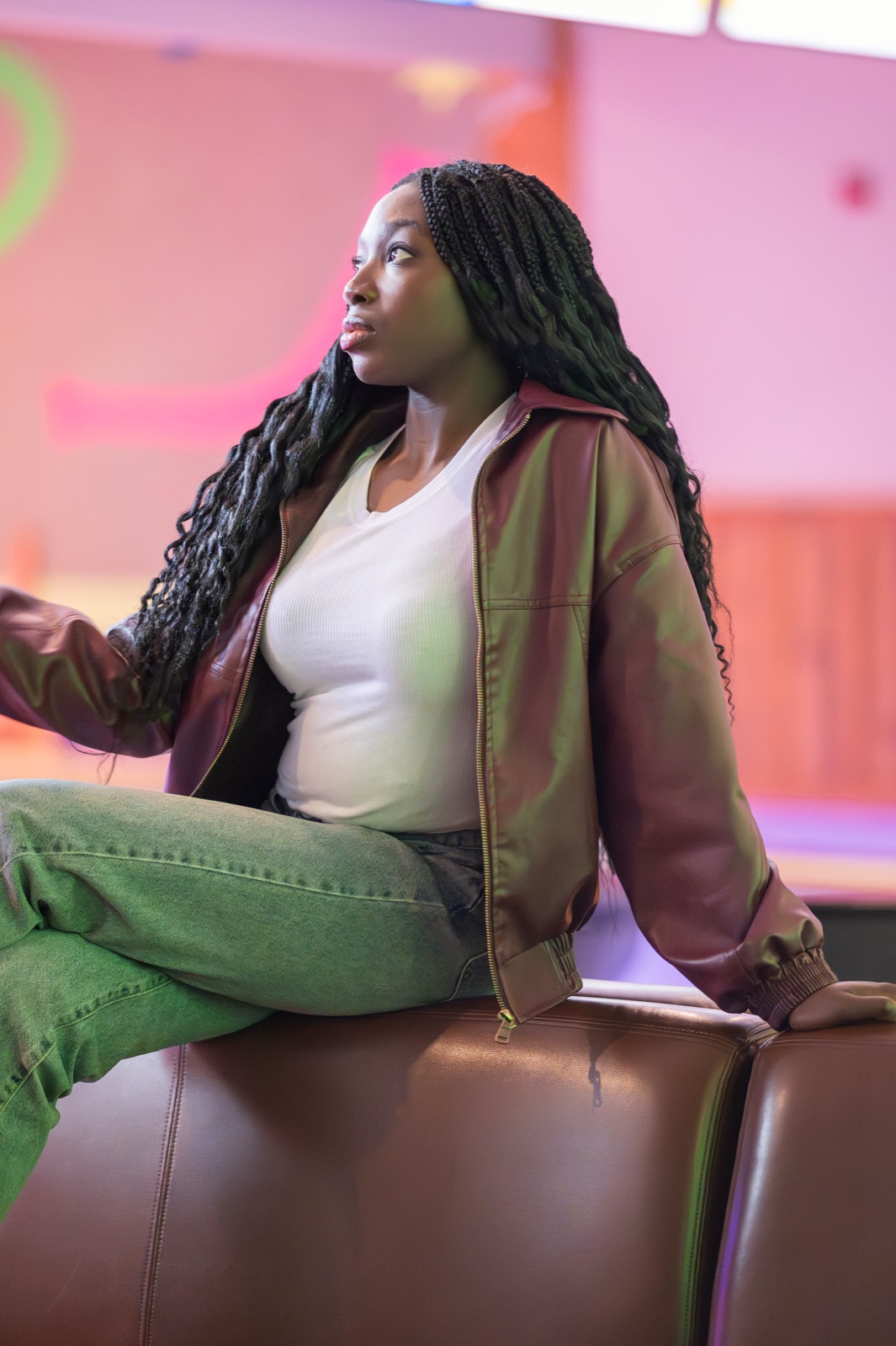 Bowling alley neon, leather jacket