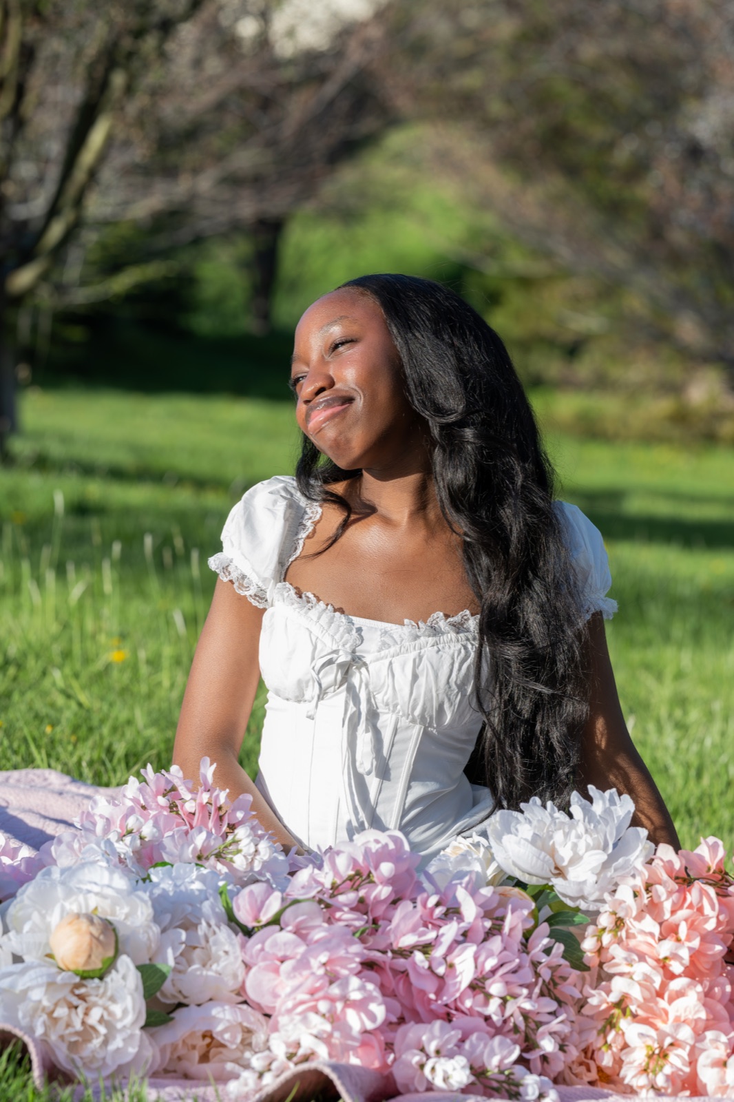 Felicia in peony meadow smiling