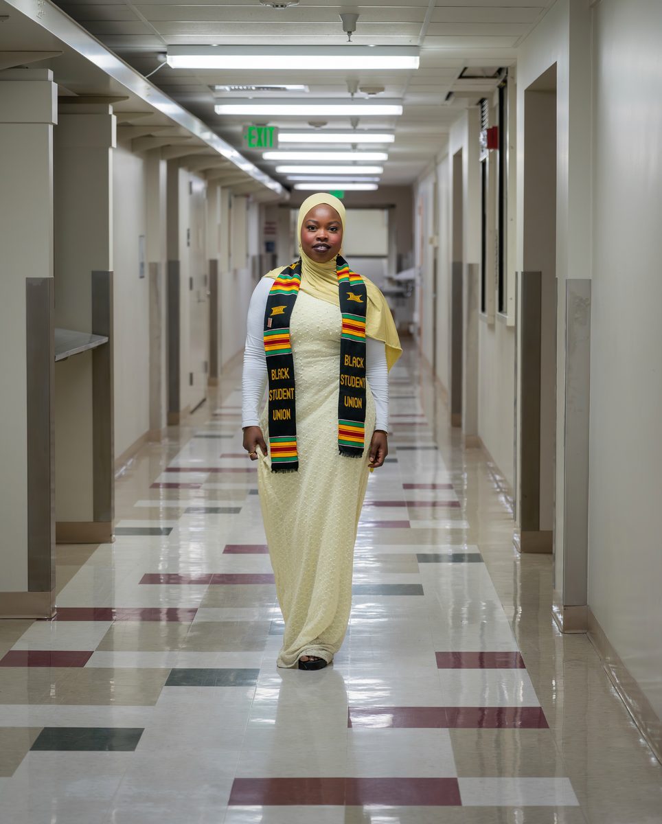 Graduate walking down a long chemistry-building corridor